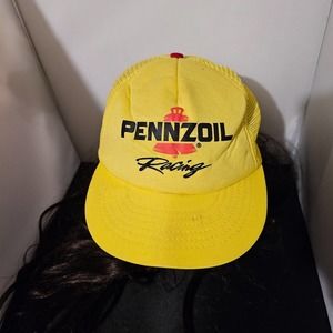 Vtg 80s Pennzoil Racing Cap Hat Trucker Snap Back USA Made Yellow